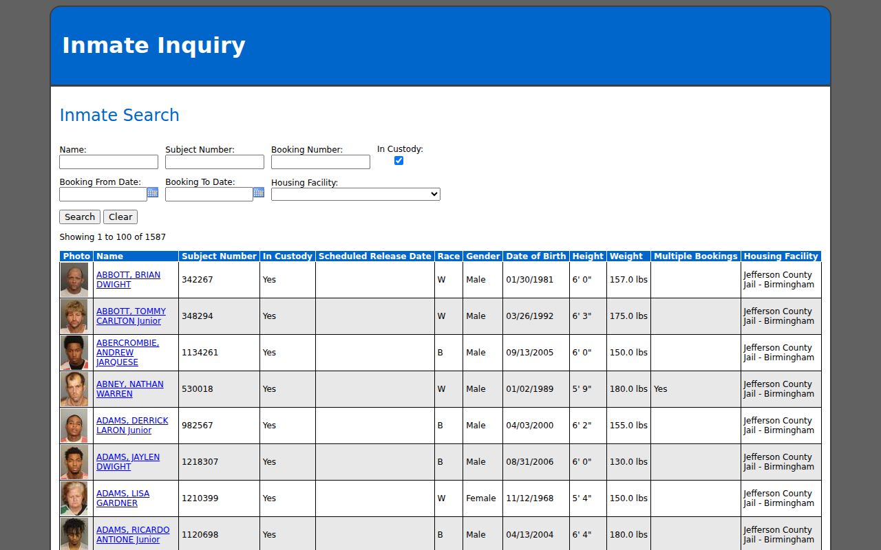 Bessemer neighbors lookup using Jefferson County inmate inquiry