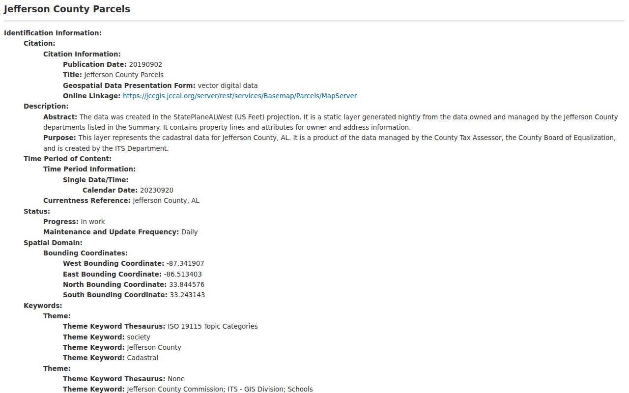 Bessemer street directory Jefferson parcel metadata fields