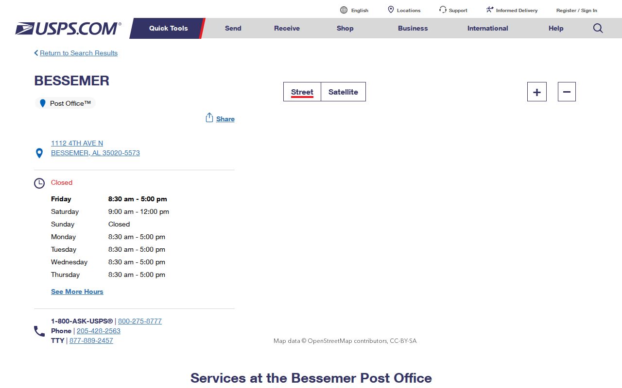 Bessemer ZIP code directory view of the USPS Bessemer Post Office